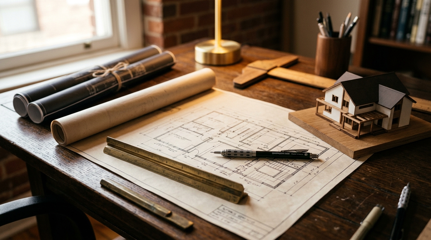 Architectural drafting desk with floor plans and scale ruler — precision documentation by The Design Element Group