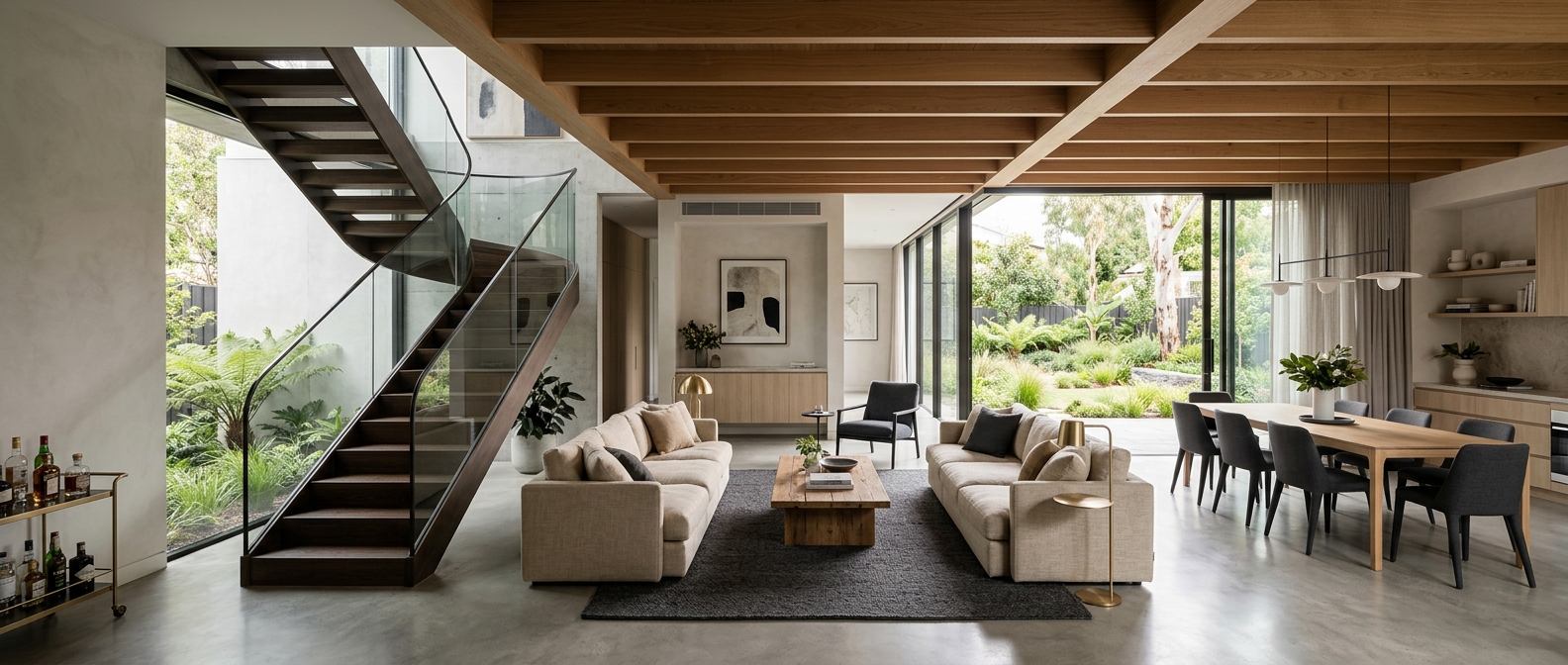Modern Melbourne home interior by The Design Element Group — light-filled open-plan living space with timber detailing
